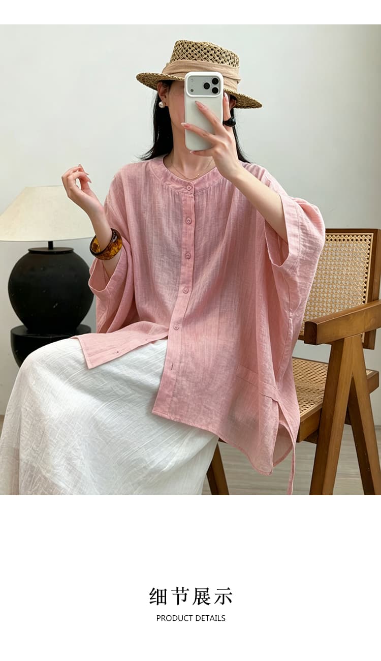 실사 질감 센스 젠 루즈핏 면 린넨 맨위 편안함 배트윙 소매 자외선 차단 셔츠 외부 가져 가라. 있음 안감 반신 스커트 상세 이미지 4