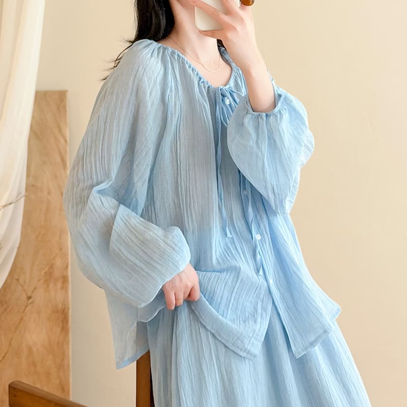 실사 여름 루즈핏 레이스업 자외선 차단 블라우스 부드러운 바람 연령 감소 맨위 여성 여름 큰 진자 반신 스커트 있음 안감