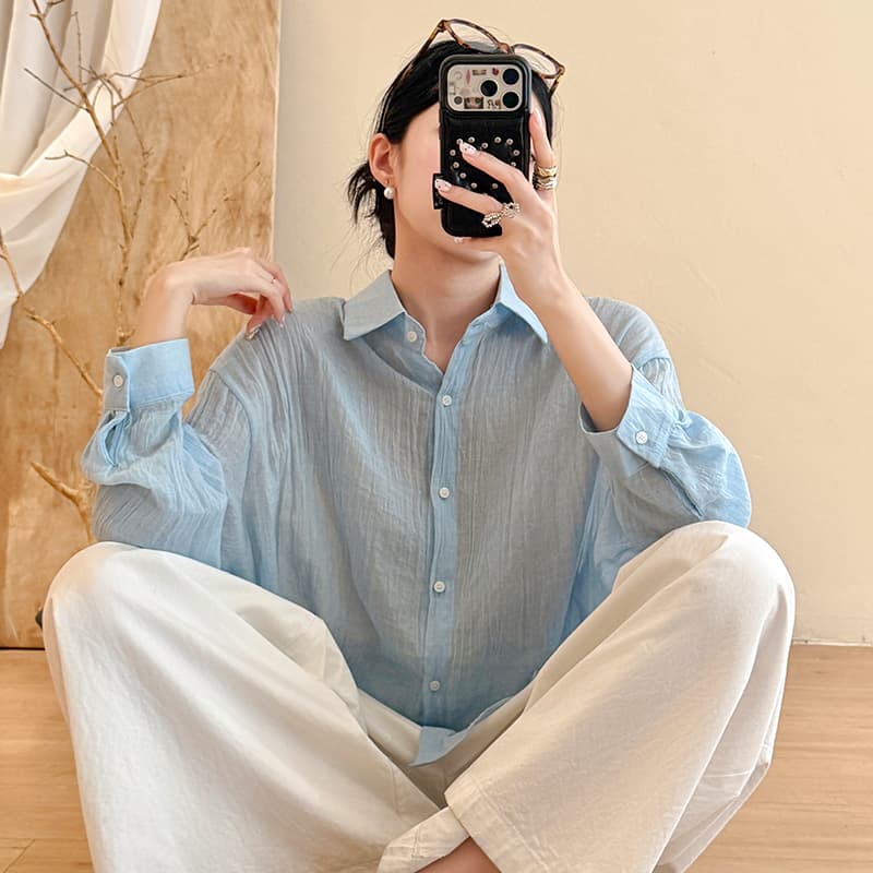 실사 면 린넨 여성 셔츠 여름 루즈핏 다용도 얇은 스타일 자외선 차단 긴팔 셔츠 문예 느슨함 센스 단색 맨위 여성