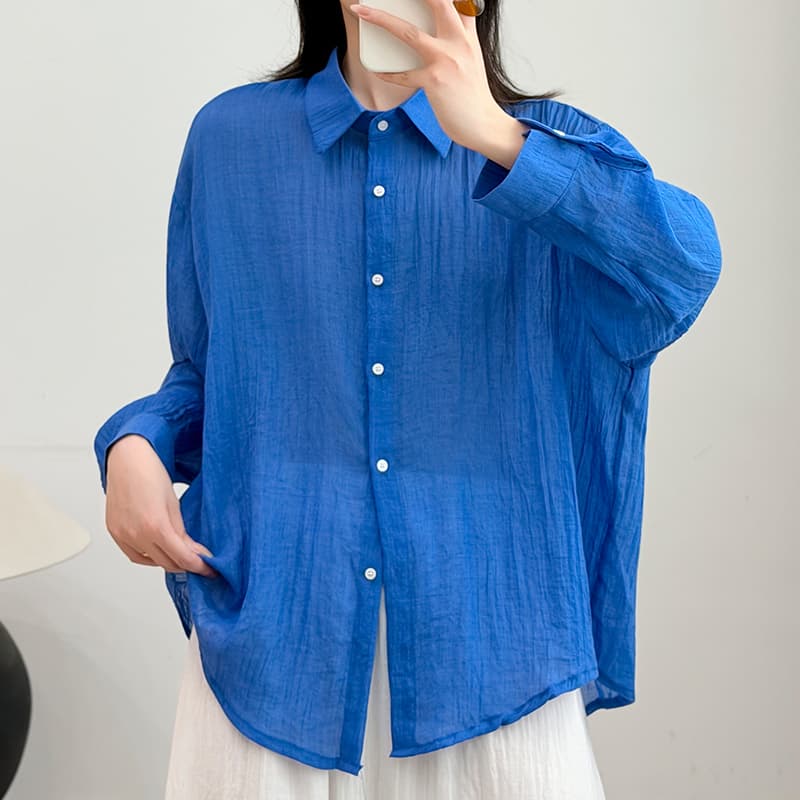 실사 면 린넨 여성 셔츠 여름 루즈핏 다용도 얇은 스타일 자외선 차단 긴팔 셔츠 문예 느슨함 센스 단색 맨위 여성 이미지 3