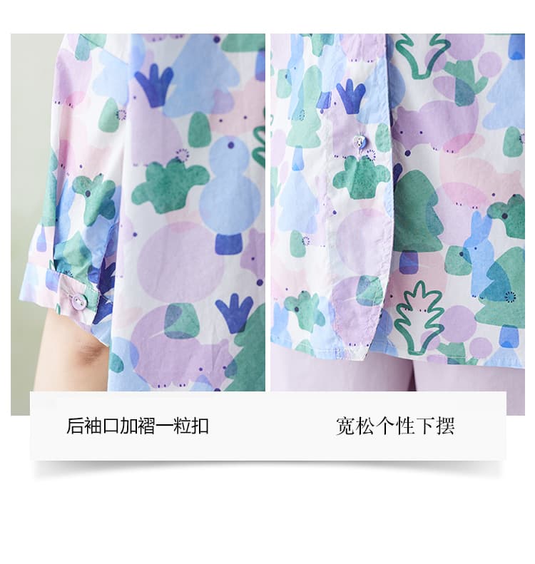 실사 문예 새로운 한국 스타일 작은 나무 프린트 폴로 칼라 싱글 줄 버튼 루즈핏 슬림해 보이는 다용도 셔츠 맨위 여성 여름 상세 이미지 5