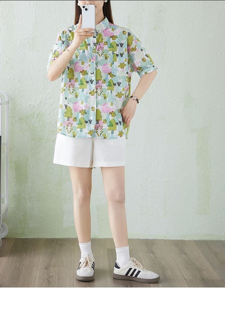 실사 문예 새로운 한국 스타일 작은 나무 프린트 폴로 칼라 싱글 줄 버튼 루즈핏 슬림해 보이는 다용도 셔츠 맨위 여성 여름 상세 이미지 13