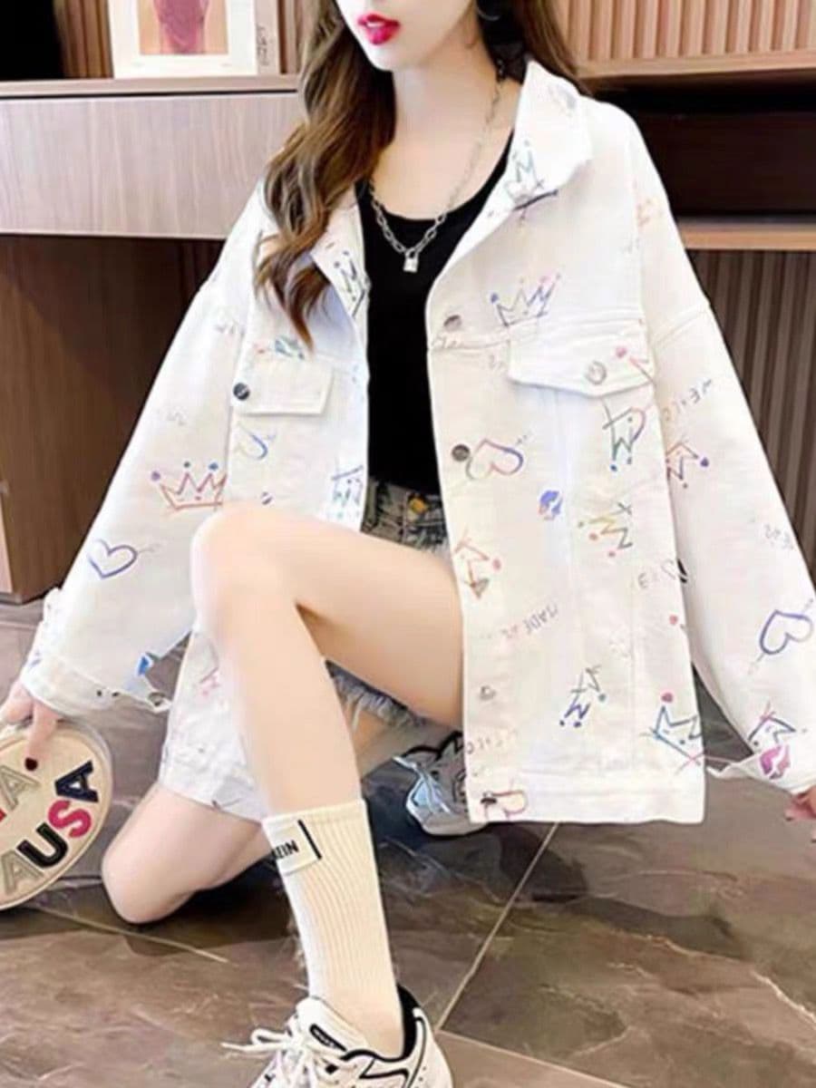 조수 브랜드 루즈핏 데님 재킷 2025 봄 가을 새로운 여성 의류 학생 패션 폭발 다용도 외출용 프린트 맨위 이미지 2