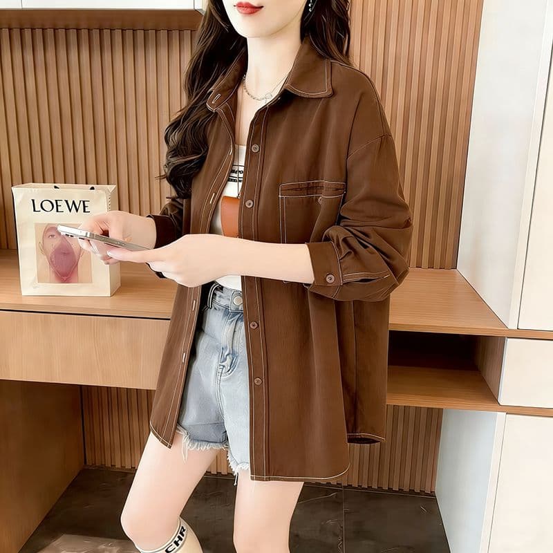 봄 여름 새로운 고급 한국 스타일 출퇴근 명시적 스티치 패치워크 단추 데님 몸매 가꾸기 셔츠 빅 포켓 루즈핏 맨위 상세 이미지 2