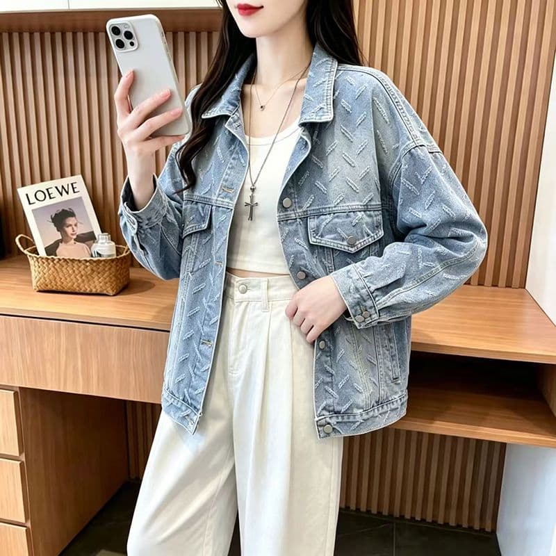 항구 바람 chic 레트로 자카드 디자인 센스 데님 여성 코트 가을 겨울 루즈핏 작은 키 bf 느긋한 바람 재킷 트렌디 상세 이미지 6