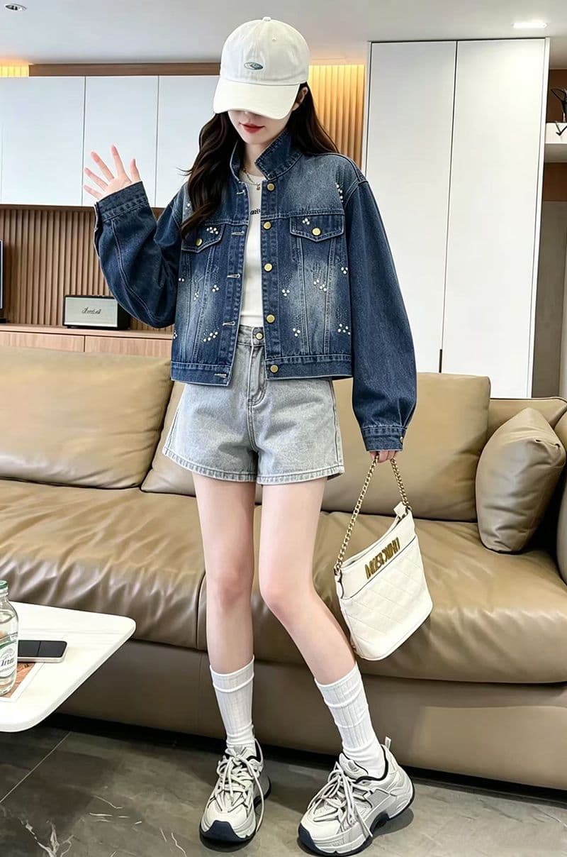 한국 스타일 무거운 작업 핫픽스 쇼트 스타일 데님 여성 코트 봄 새로운 슈퍼 잘 생긴 Chic 품격 루즈핏 재킷 맨위 상세 이미지 3