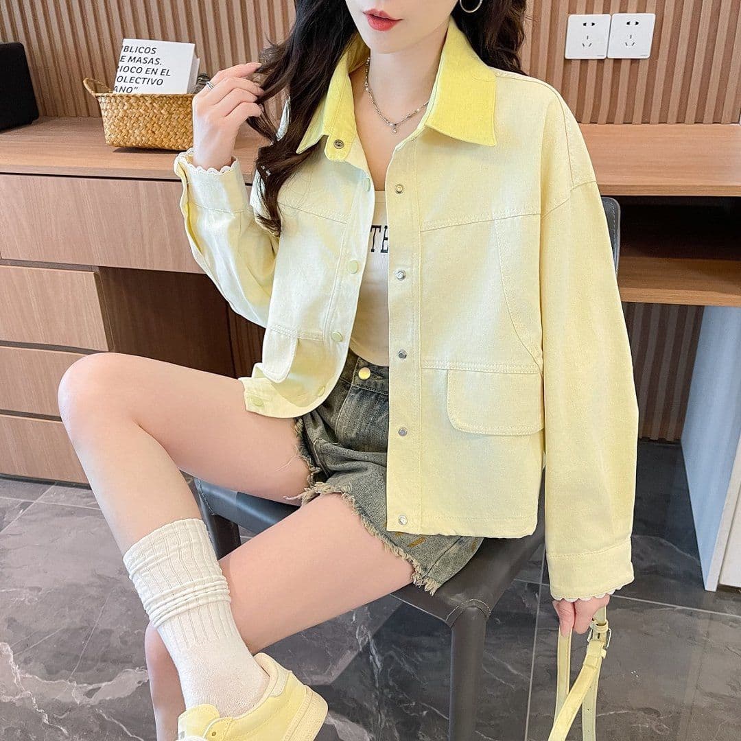 폴로 칼라 쇼트 스타일 작은 키 여성 코트 레이스 레이스 2026 년 가을 데님 재킷 캐주얼 한국 스타일 학원 스타일 상세 이미지 3