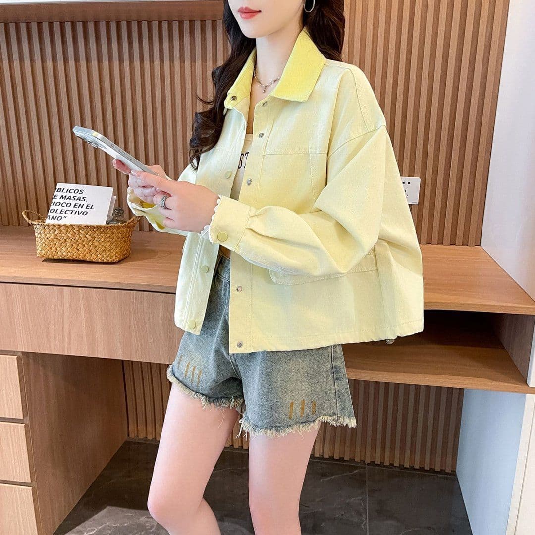 폴로 칼라 쇼트 스타일 작은 키 여성 코트 레이스 레이스 2026 년 가을 데님 재킷 캐주얼 한국 스타일 학원 스타일 상세 이미지 6