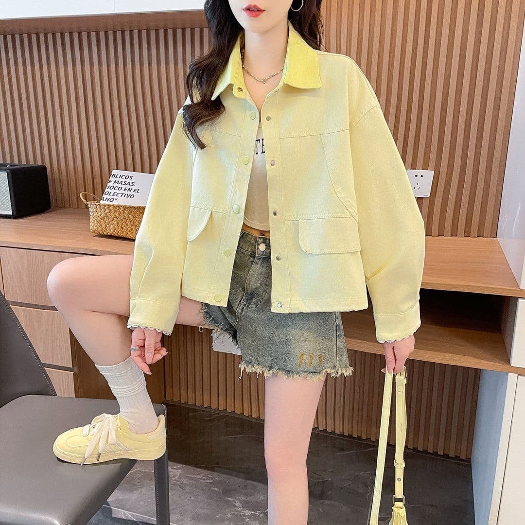 폴로 칼라 쇼트 스타일 작은 키 여성 코트 레이스 레이스 2026 년 가을 데님 재킷 캐주얼 한국 스타일 학원 스타일 상세 이미지 7