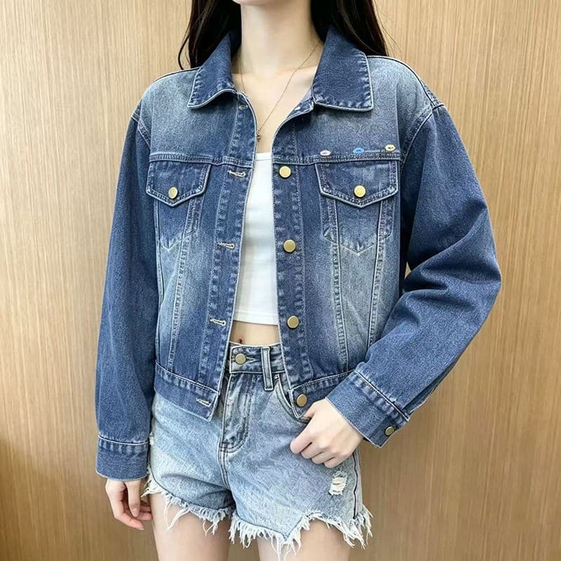 작은 키 쇼트 스타일 데님 여성 코트 레트로 워싱 루즈핏 슬림해 보이는 다용도 폴로 칼라 데님 재킷 봄 가을 상세 이미지 5