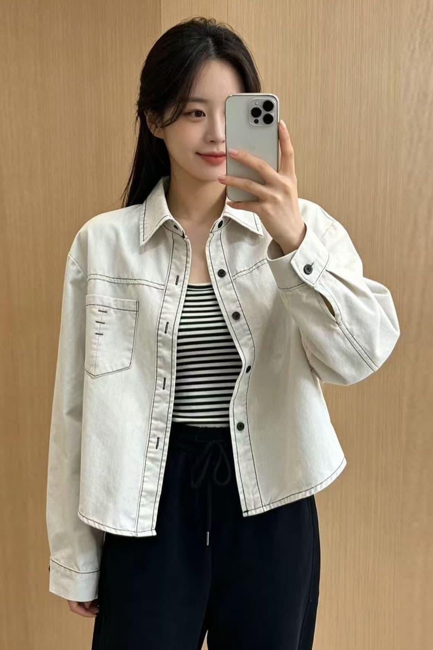 데님 여성 코트 쇼트 스타일 2026 가을 새로운 명시적 스티치 배색 루즈핏 작은 키 레트로 폴로 칼라 셔츠 스타일 재킷 이미지 6