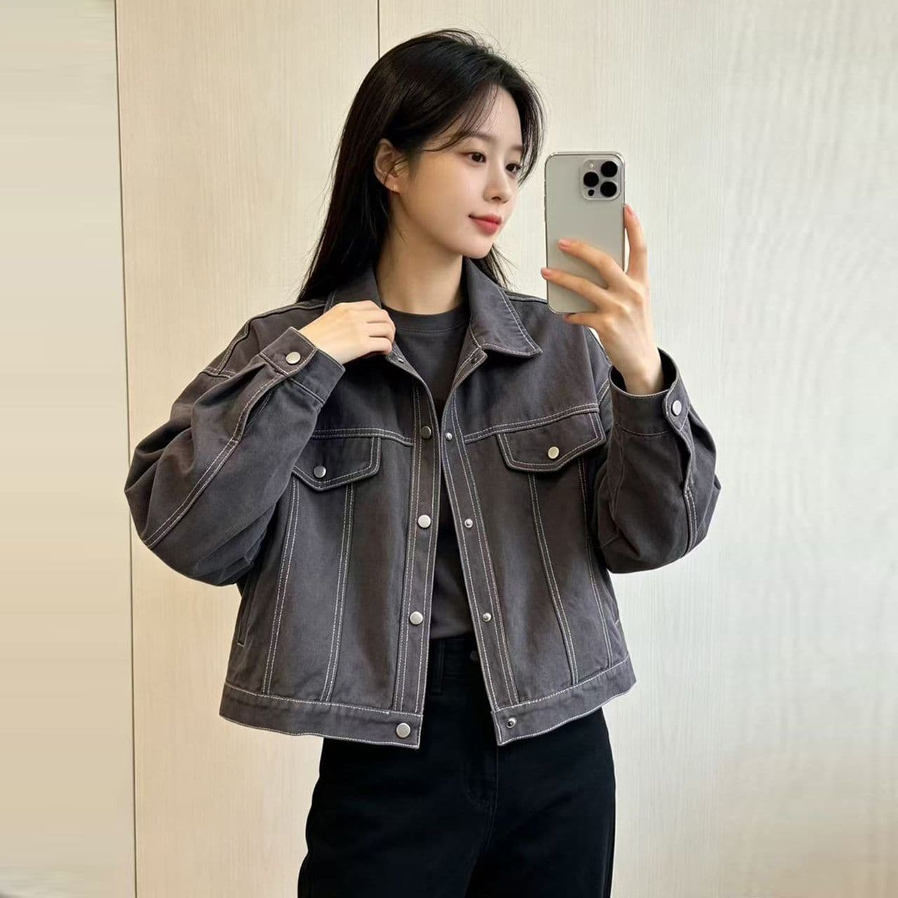 2026 가을 연삭 털 데님 여성 코트 작은 키 루즈핏 폴로 칼라 기타 색상 캐주얼 맨위 상세 이미지 7