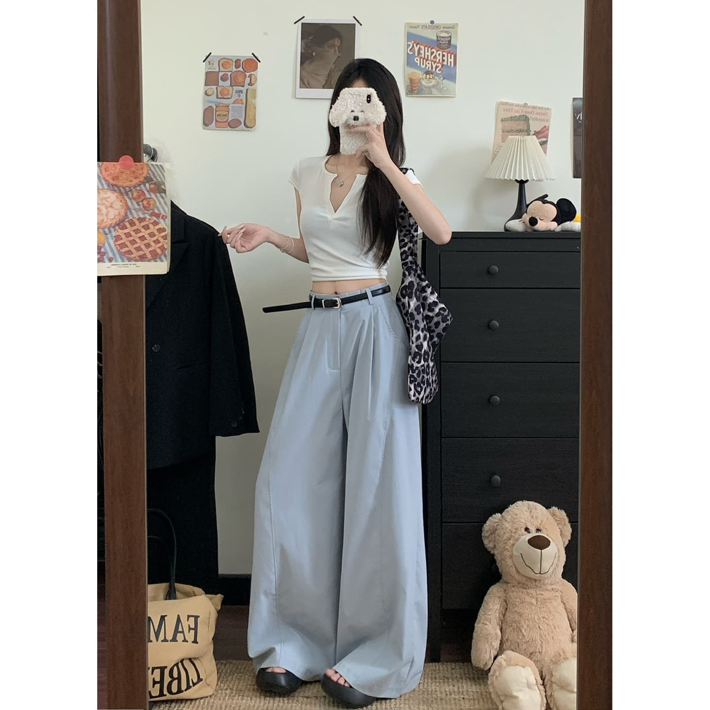 실사 2026 새로운 허리밴드 패션 캐주얼 바지 여성 루즈핏 워크웨어 와이드 레그 팬츠 이미지 3