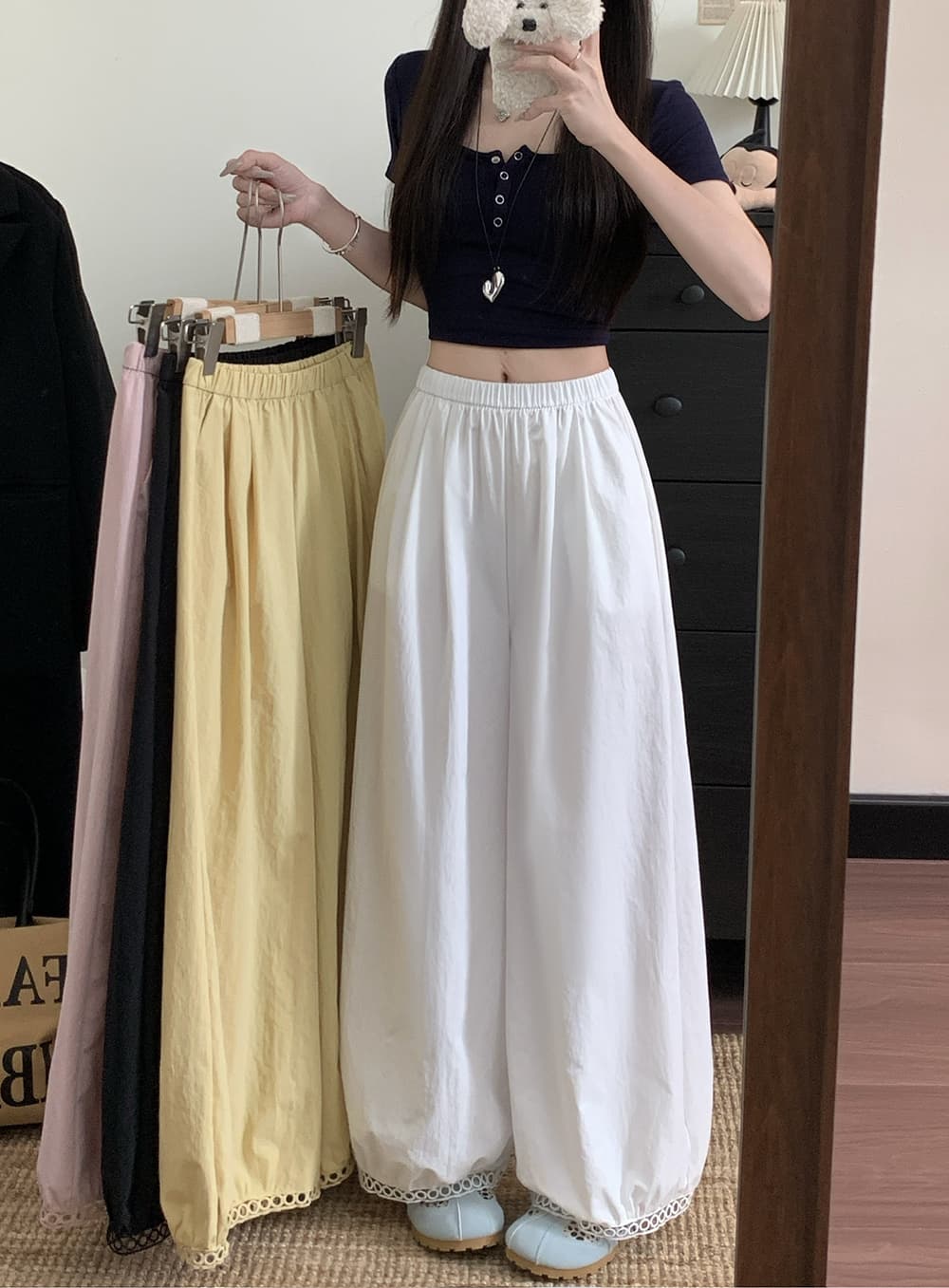 실사 2026 여름 새로운 홀로우 아웃 레이스 레이스 허리밴드 루즈핏 캐주얼 넓은 다리 9부 바지 여성 상세 이미지 11