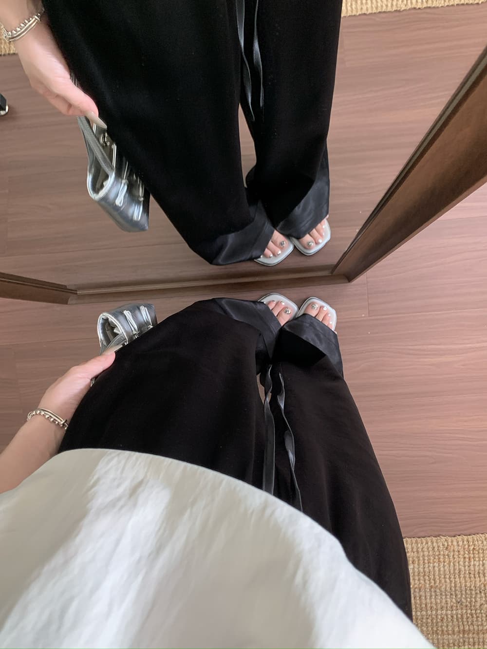 실사 새로운 패션 고급 센스 단색 펌프 로프 실크 미끄러짐 새틴 도루 센스 캐주얼 넓은 다리 캐주얼 여성 상세 이미지 16