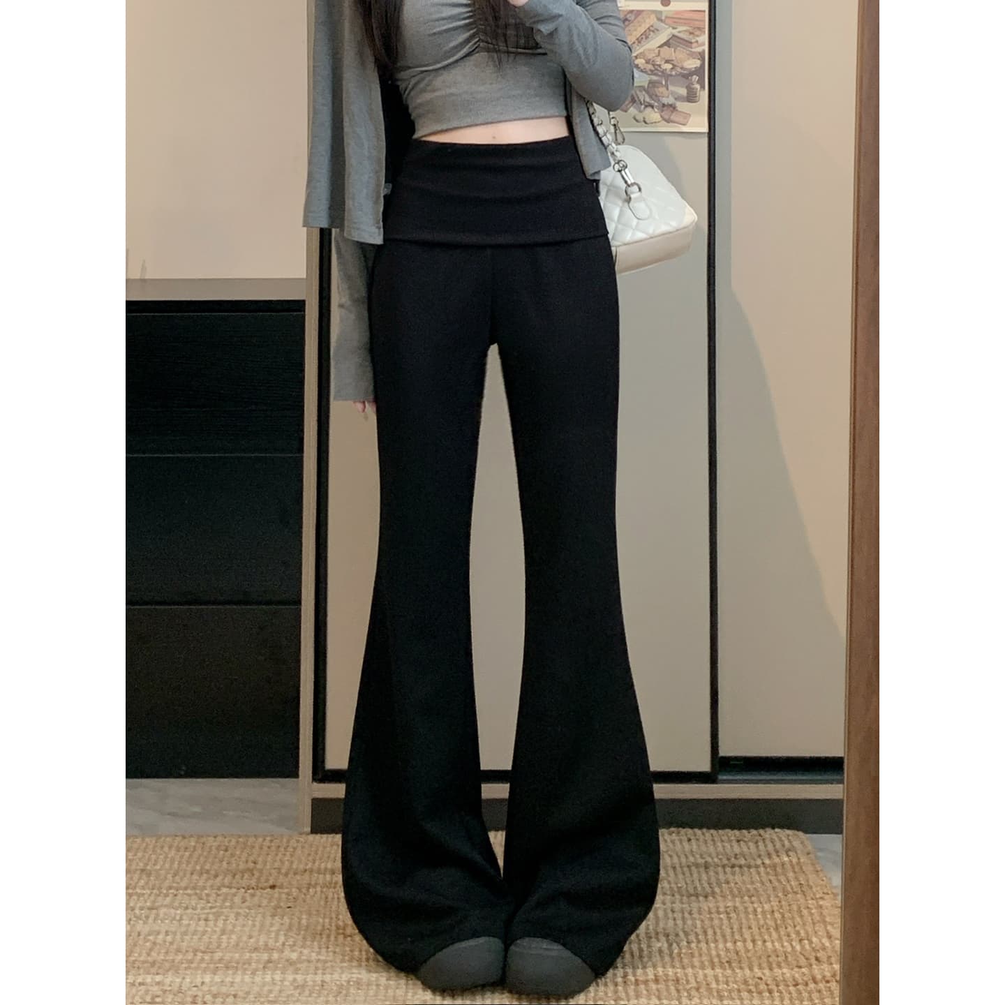 실사 2026 새로운 개성 부츠컷 바지 하이웨이스트 웨이 바지 와이드 레그 팬츠 플레어 바지 이미지 4