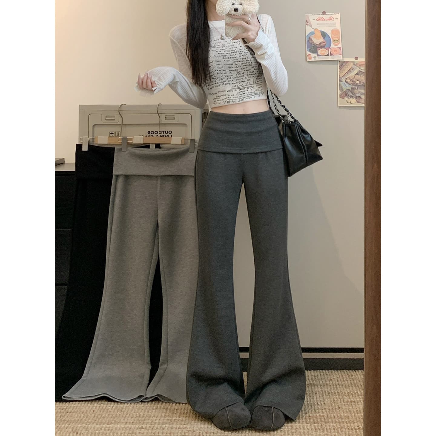 실사 2026 새로운 개성 부츠컷 바지 하이웨이스트 웨이 바지 와이드 레그 팬츠 플레어 바지 이미지 2