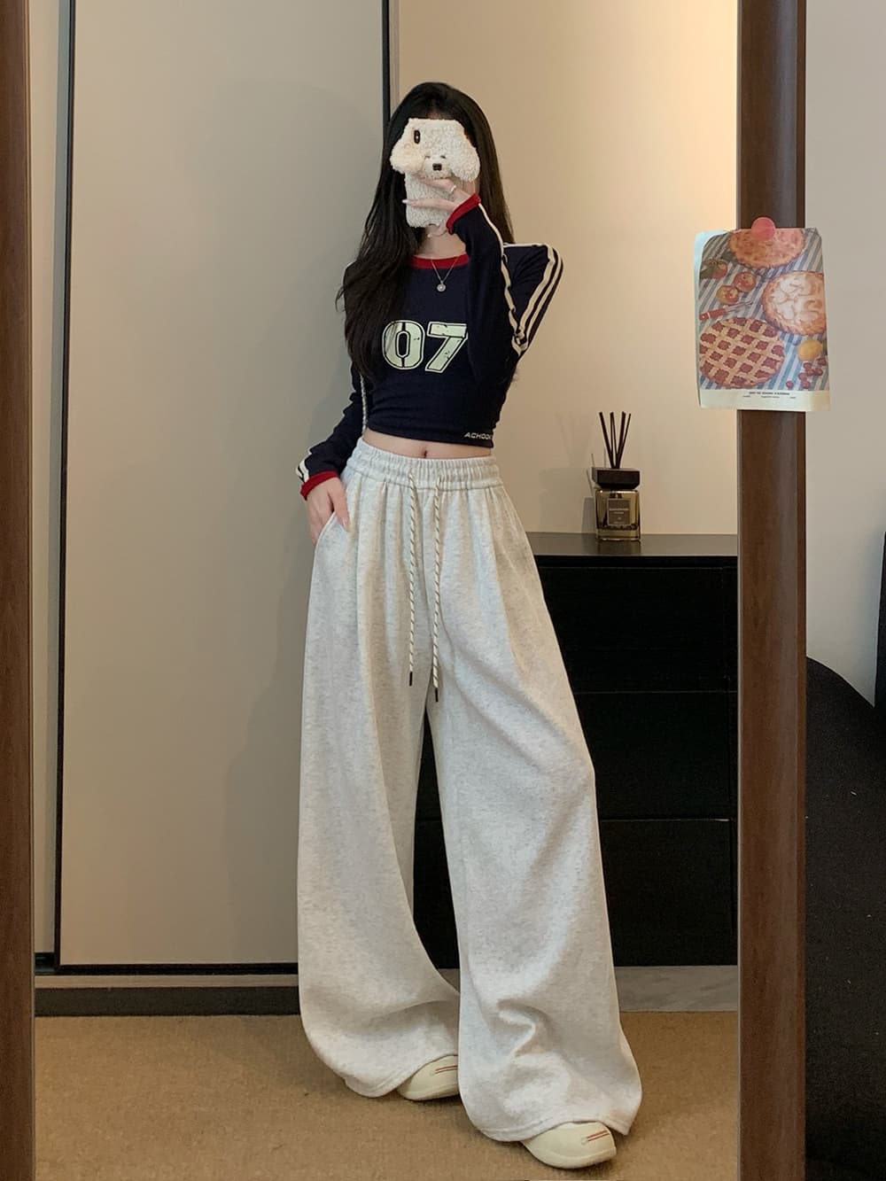 실사 2026 봄 새로운 와이드 레그 팬츠 펌프 로프 레이스업 허리밴드 캐주얼 루즈핏 웨이 바지 여성 상세 이미지 6