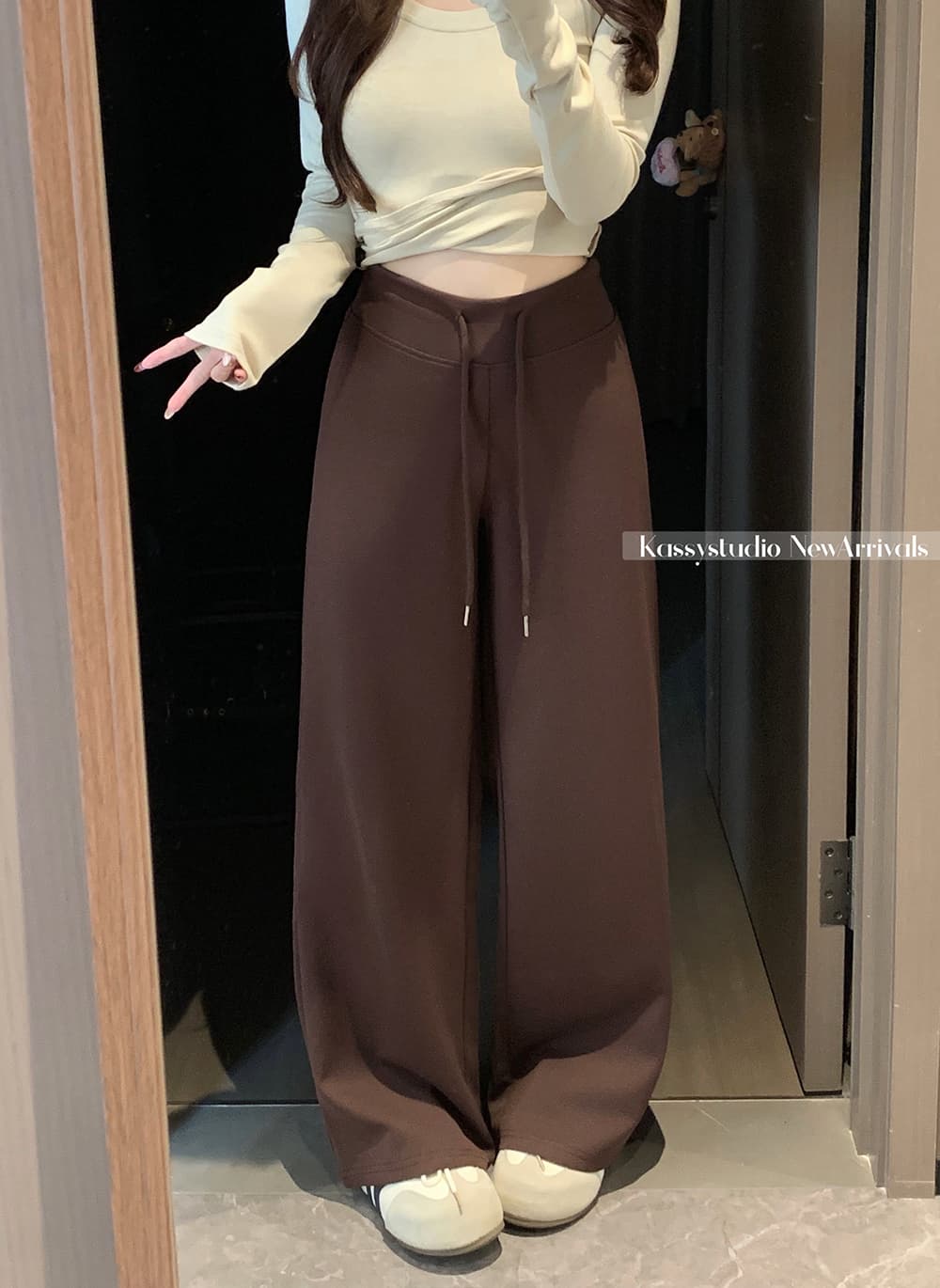 정가 실사 2026 새로운 펌프 로프 레이스업 캐주얼 루즈핏 미니멀리즘 와이드 레그 팬츠 아이들 상세 이미지 5