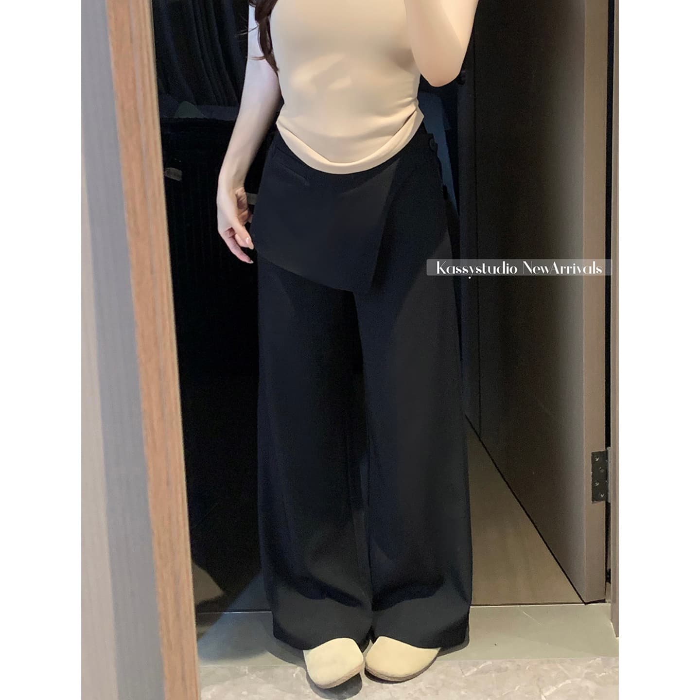 실사 2026 새로운 느긋한 바람 지퍼 와이드 레그 팬츠 캐주얼 루즈핏 페이크 레이어드 스트레이트 팬츠 여성 이미지 5