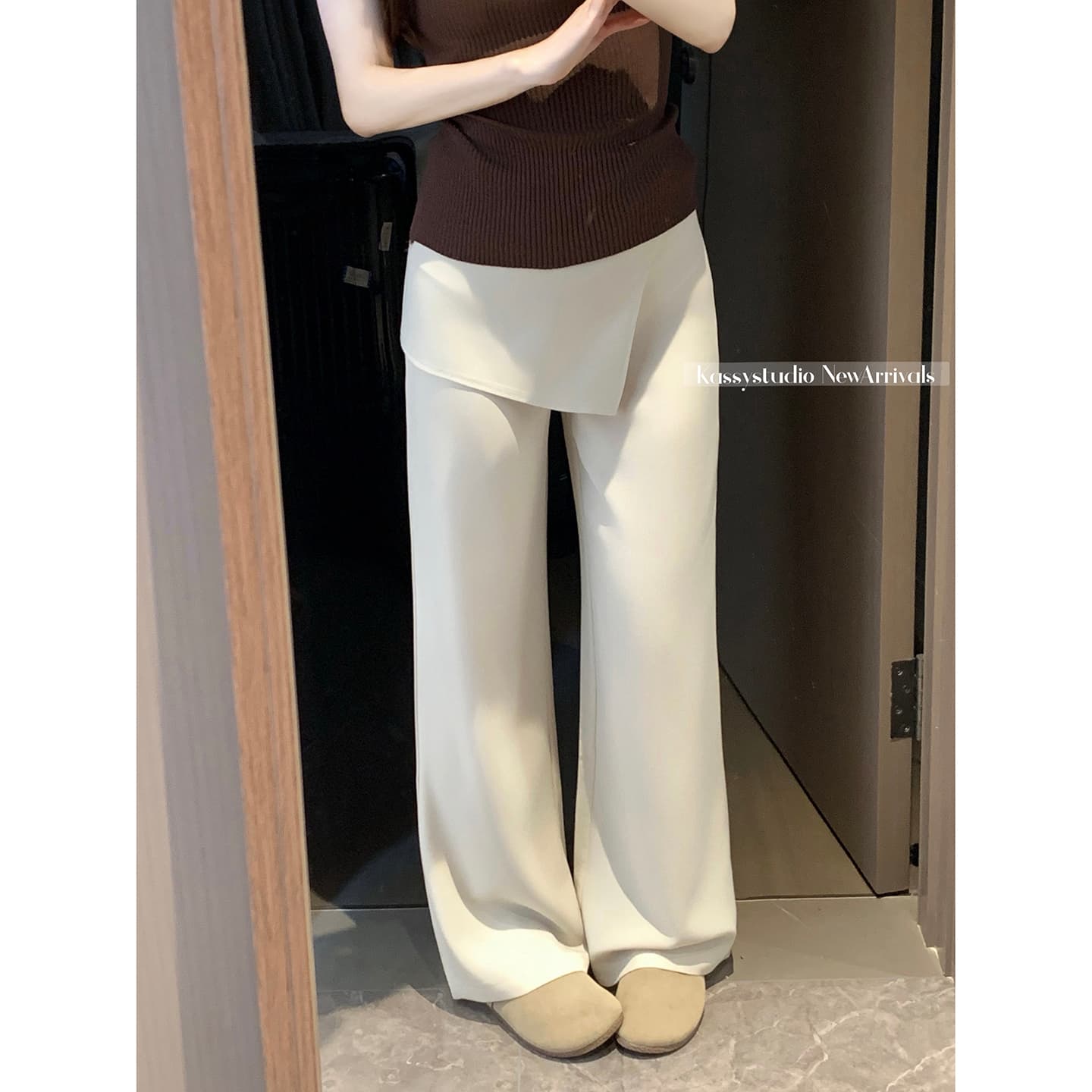 실사 2026 새로운 느긋한 바람 지퍼 와이드 레그 팬츠 캐주얼 루즈핏 페이크 레이어드 스트레이트 팬츠 여성 이미지 4