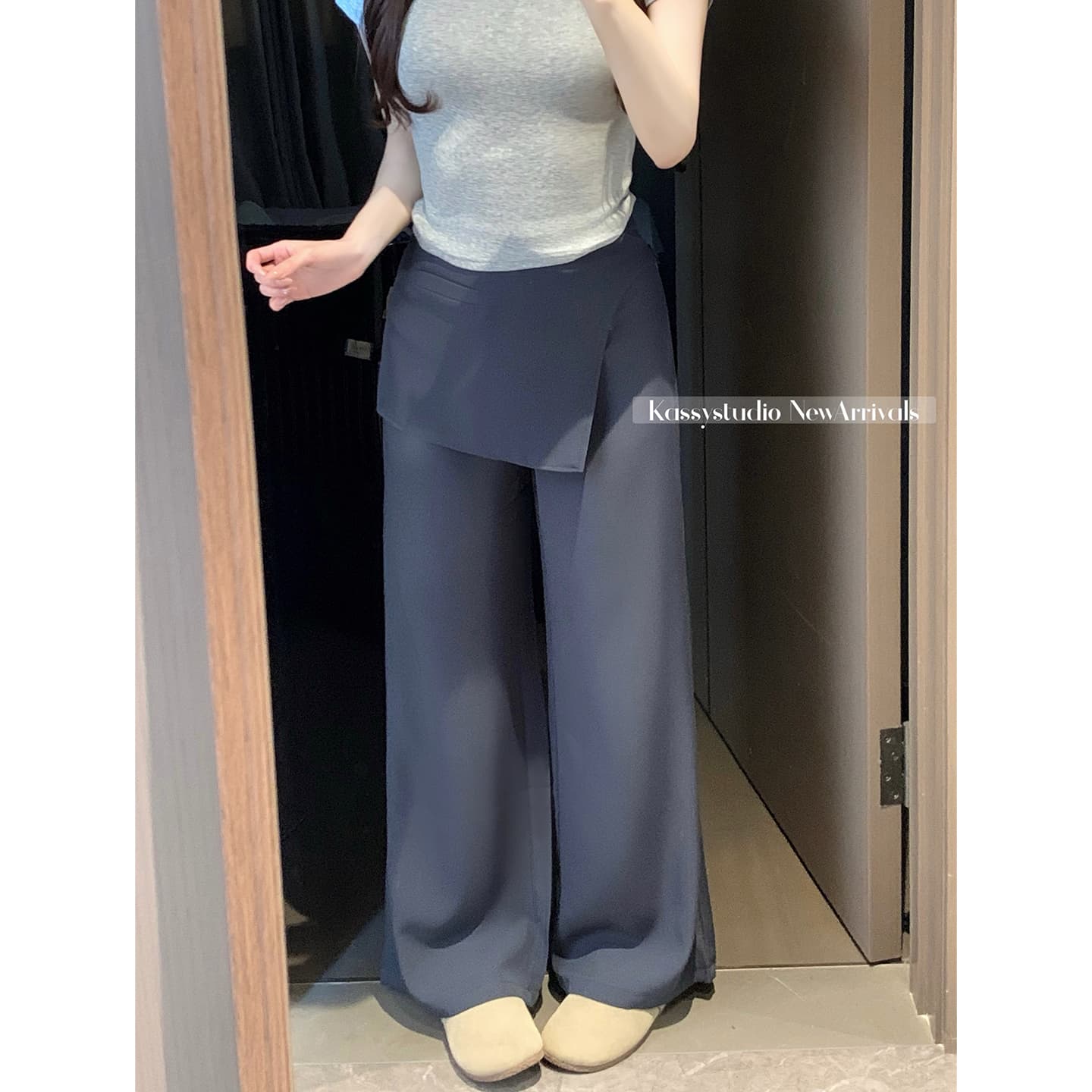 실사 2026 새로운 느긋한 바람 지퍼 와이드 레그 팬츠 캐주얼 루즈핏 페이크 레이어드 스트레이트 팬츠 여성