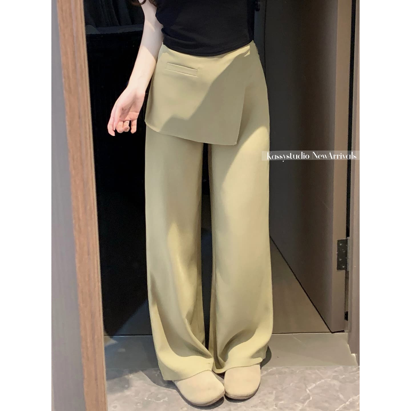 실사 2026 새로운 느긋한 바람 지퍼 와이드 레그 팬츠 캐주얼 루즈핏 페이크 레이어드 스트레이트 팬츠 여성 이미지 2