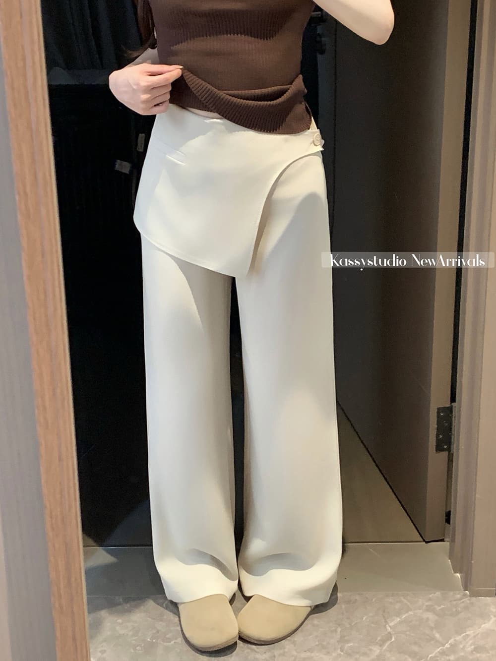 실사 2026 새로운 느긋한 바람 지퍼 와이드 레그 팬츠 캐주얼 루즈핏 페이크 레이어드 스트레이트 팬츠 여성 상세 이미지 6
