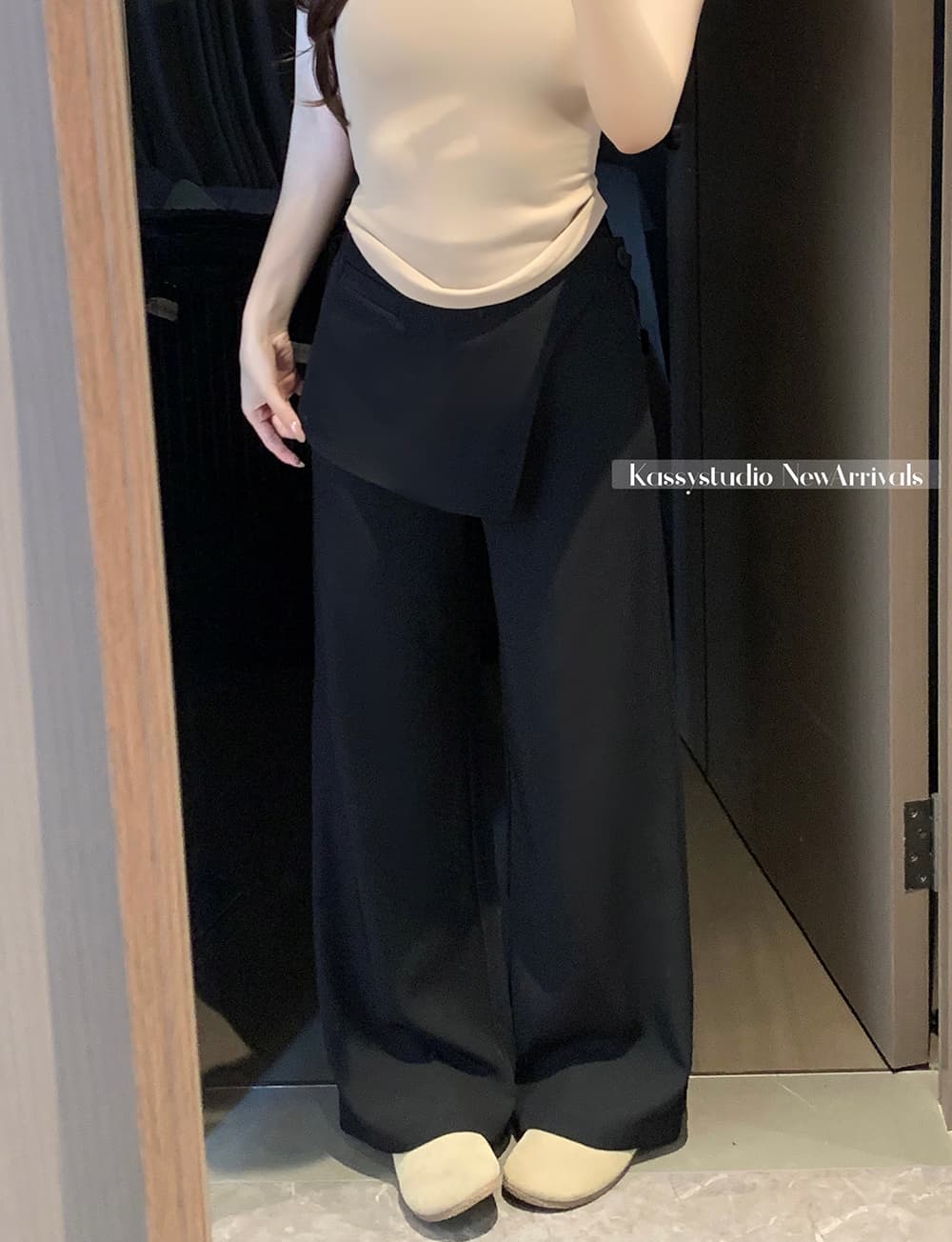 실사 2026 새로운 느긋한 바람 지퍼 와이드 레그 팬츠 캐주얼 루즈핏 페이크 레이어드 스트레이트 팬츠 여성 상세 이미지 7