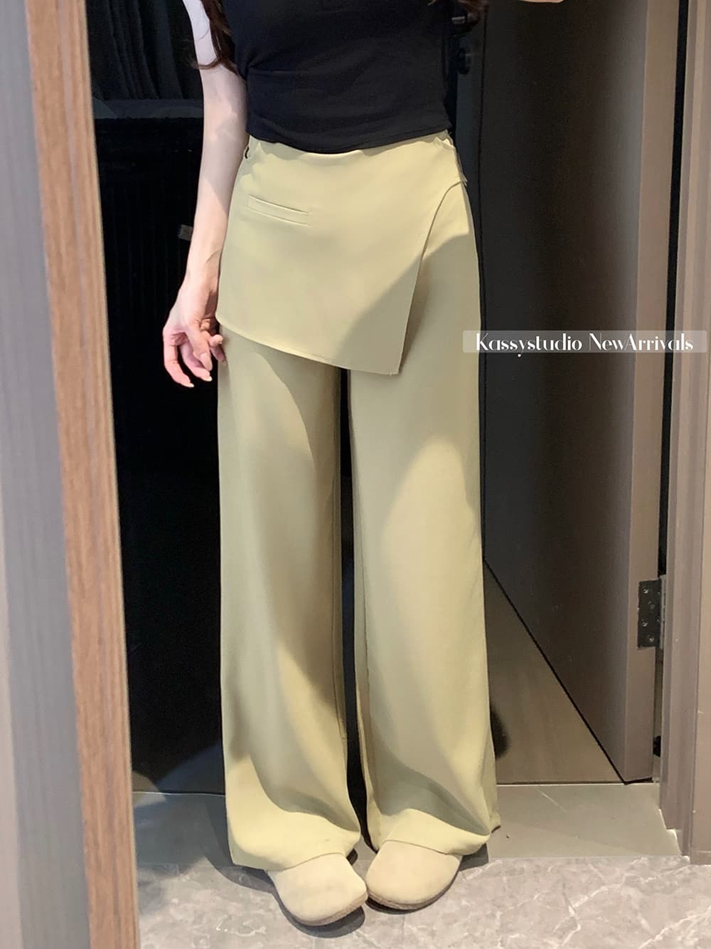 실사 2026 새로운 느긋한 바람 지퍼 와이드 레그 팬츠 캐주얼 루즈핏 페이크 레이어드 스트레이트 팬츠 여성 상세 이미지 10