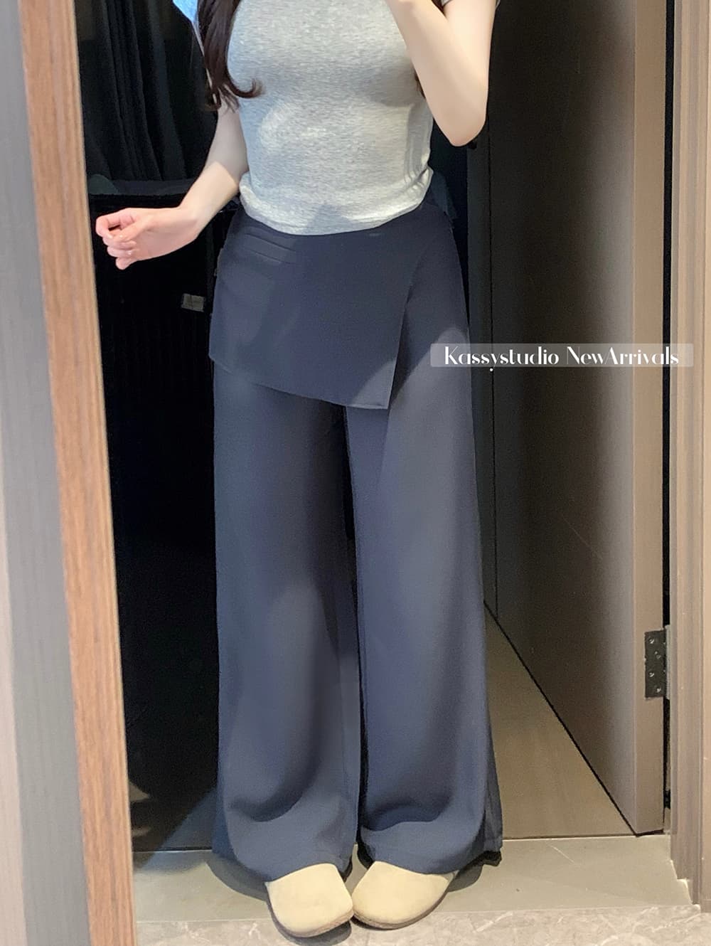 실사 2026 새로운 느긋한 바람 지퍼 와이드 레그 팬츠 캐주얼 루즈핏 페이크 레이어드 스트레이트 팬츠 여성 상세 이미지 12