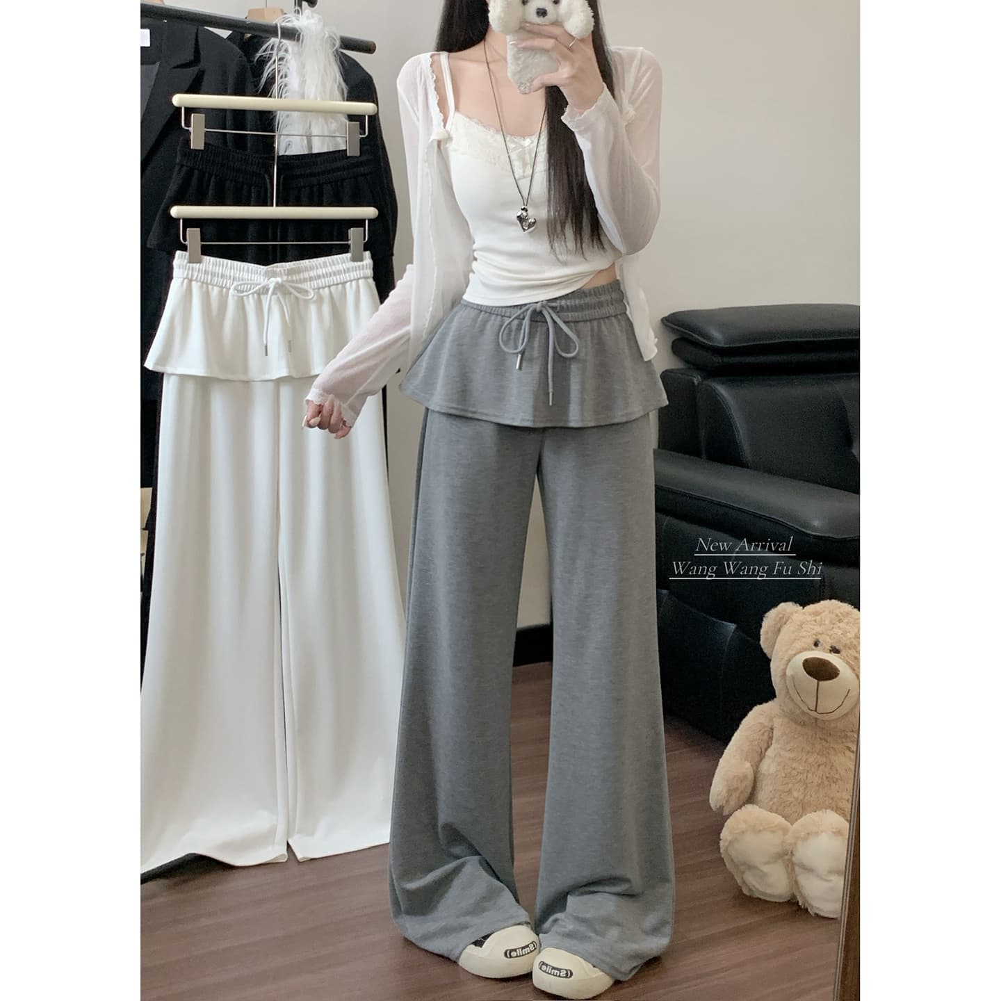실사 큐프라 원단 새로운 느긋한 바람 와이드 레그 팬츠 캐주얼 루즈핏 페이크 레이어드 스트레이트 팬츠 여성 이미지 2
