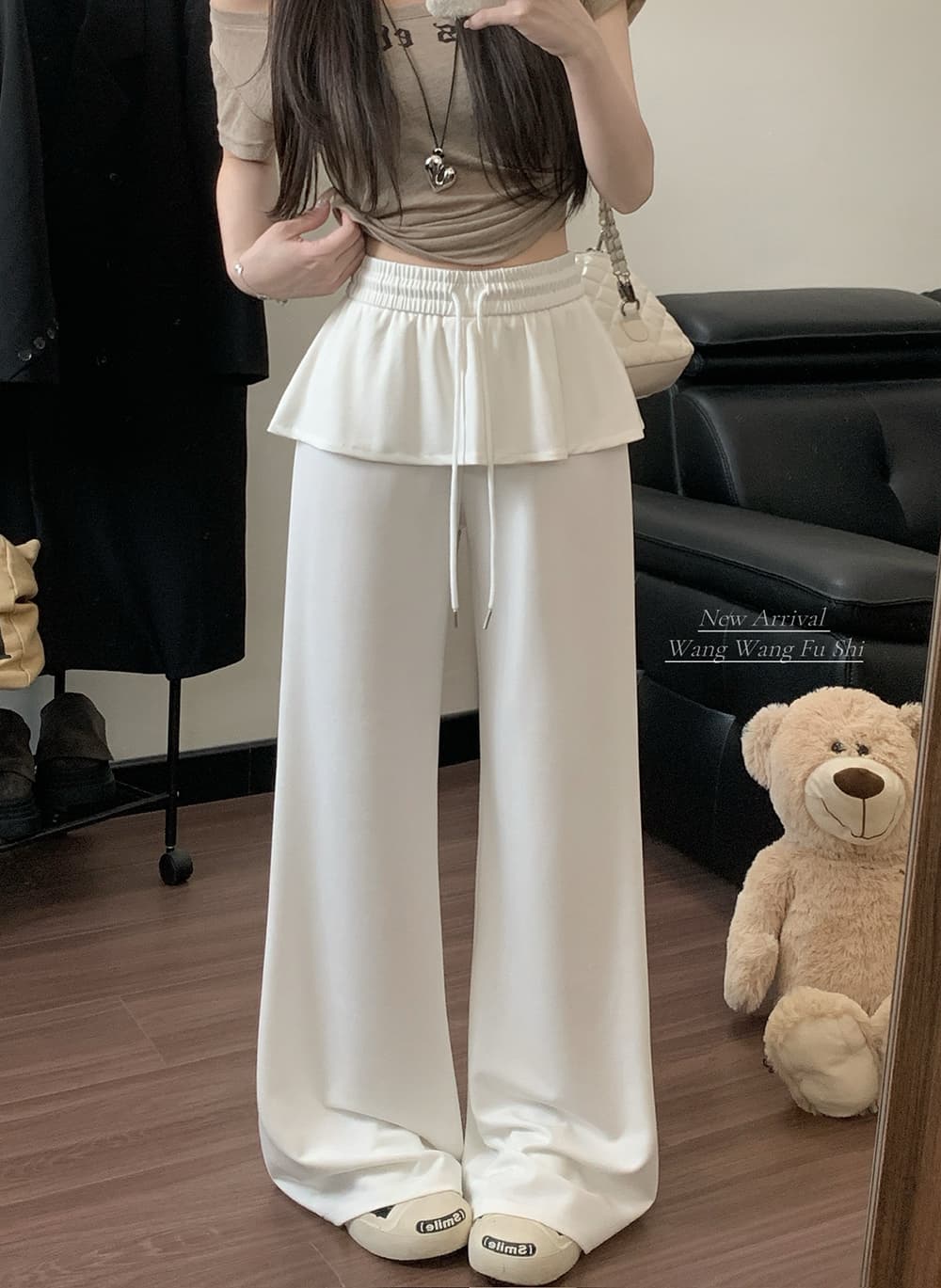 실사 큐프라 원단 새로운 느긋한 바람 와이드 레그 팬츠 캐주얼 루즈핏 페이크 레이어드 스트레이트 팬츠 여성 상세 이미지 15