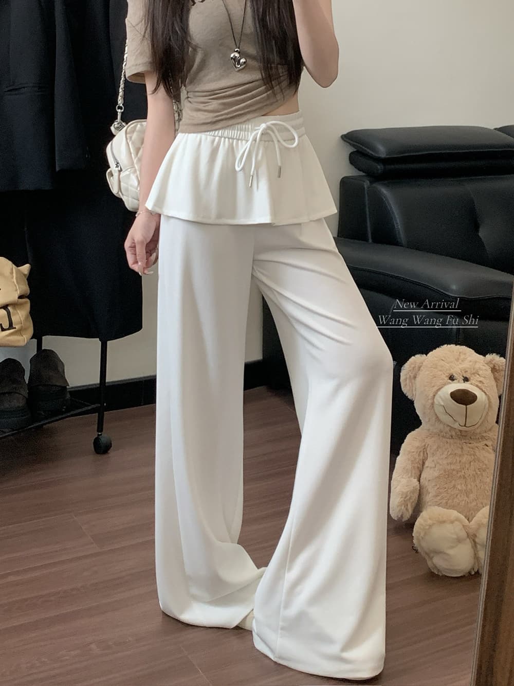 실사 큐프라 원단 새로운 느긋한 바람 와이드 레그 팬츠 캐주얼 루즈핏 페이크 레이어드 스트레이트 팬츠 여성 상세 이미지 17