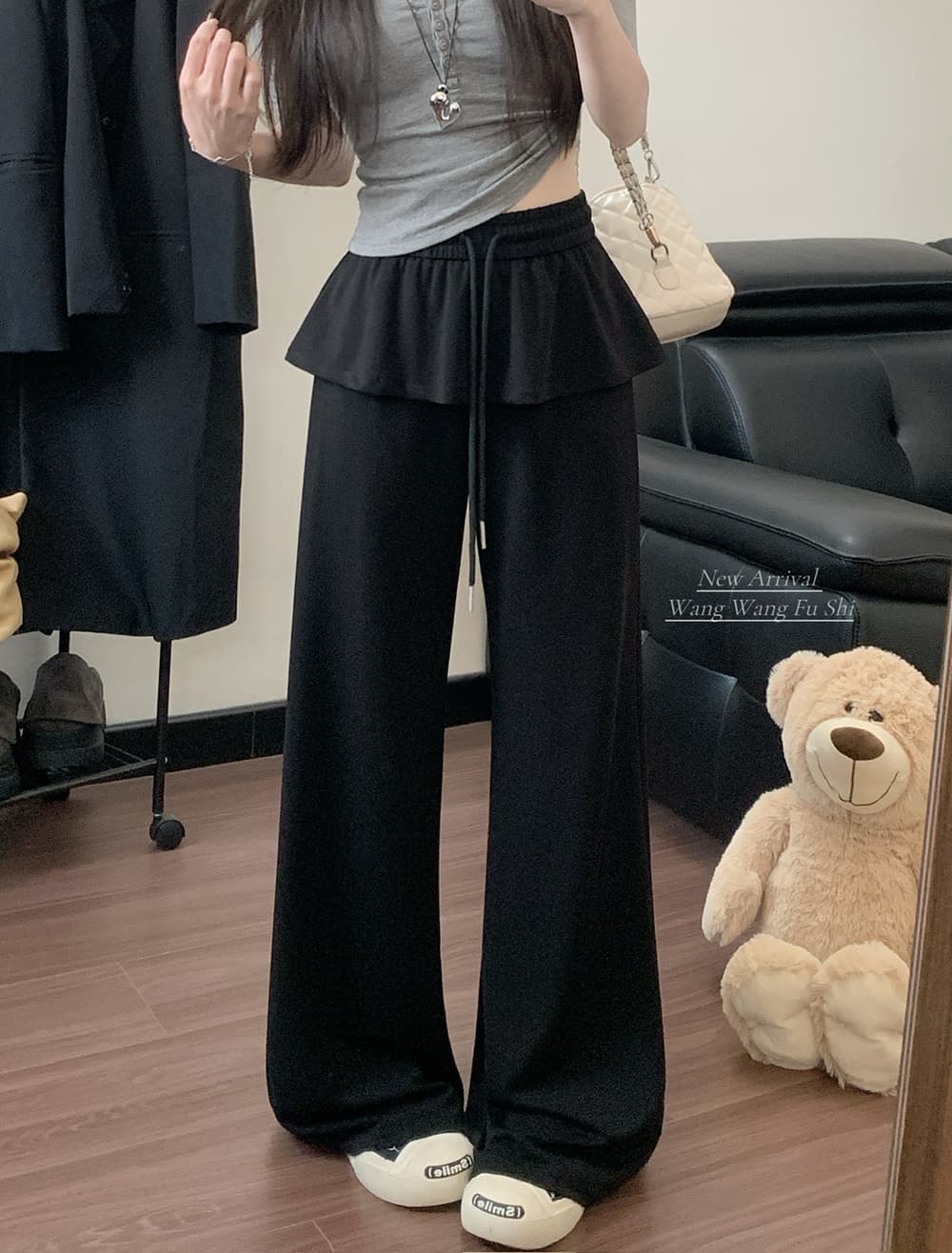실사 큐프라 원단 새로운 느긋한 바람 와이드 레그 팬츠 캐주얼 루즈핏 페이크 레이어드 스트레이트 팬츠 여성 상세 이미지 18