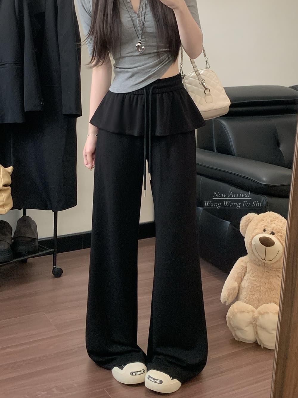 실사 큐프라 원단 새로운 느긋한 바람 와이드 레그 팬츠 캐주얼 루즈핏 페이크 레이어드 스트레이트 팬츠 여성 상세 이미지 20