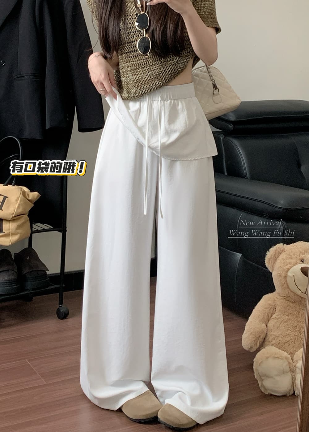 실사 2026 새로운 느긋한 바람 허리밴드 와이드 레그 팬츠 캐주얼 루즈핏 페이크 레이어드 스트레이트 팬츠 여성 상세 이미지 14