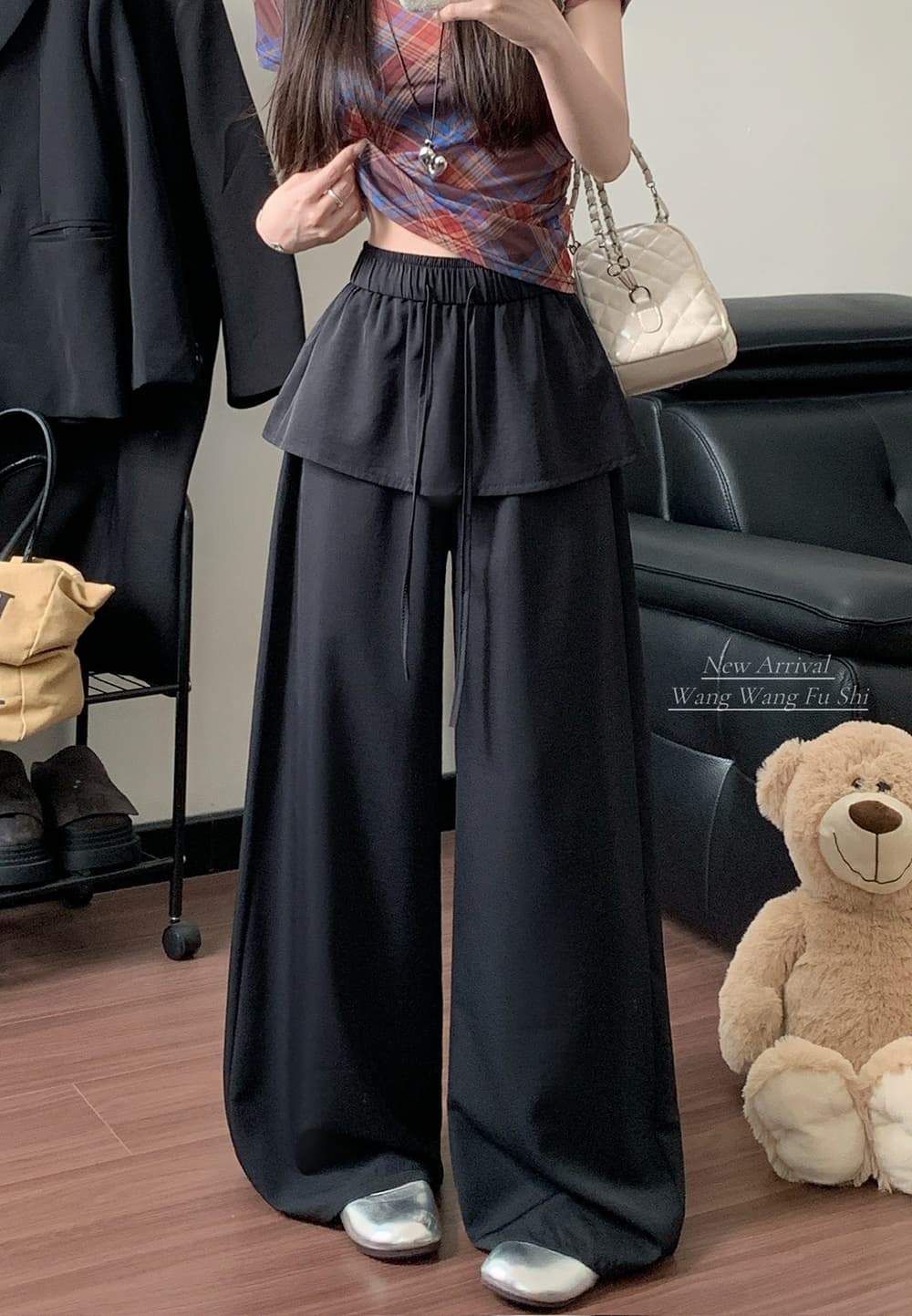 실사 2026 새로운 느긋한 바람 허리밴드 와이드 레그 팬츠 캐주얼 루즈핏 페이크 레이어드 스트레이트 팬츠 여성 상세 이미지 18