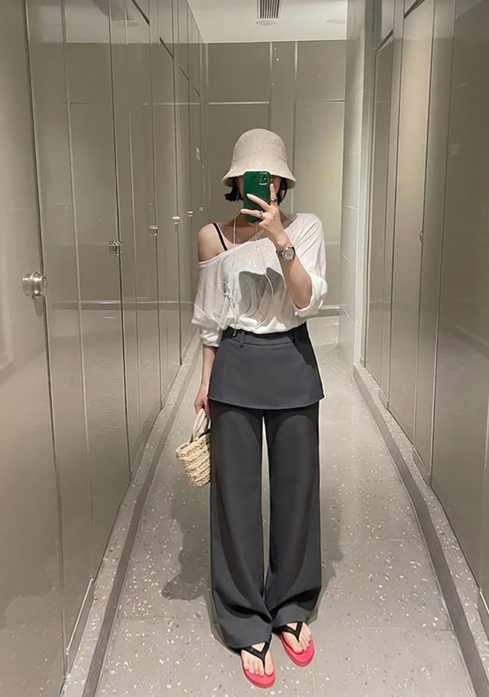 정가 실사 2026 새로운 느긋한 바람 지퍼 와이드 레그 팬츠 캐주얼 루즈핏 페이크 레이어드 스트레이트 팬츠 여성 상세 이미지 5
