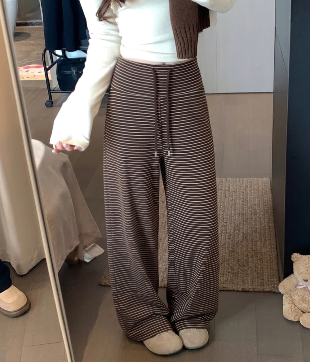 정가 실사 느긋한 바람 둘 착용 스트라이프 펌프 로프 와이드 레그 팬츠 캐주얼 루즈핏 스트레이트 팬츠 여성 상세 이미지 13
