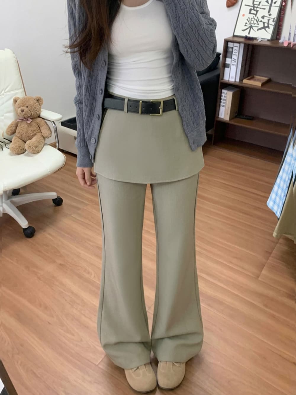 정가 실사 2026 새로운 느긋한 바람 지퍼 와이드 레그 팬츠 캐주얼 루즈핏 페이크 레이어드 스트레이트 팬츠 여성 상세 이미지 3