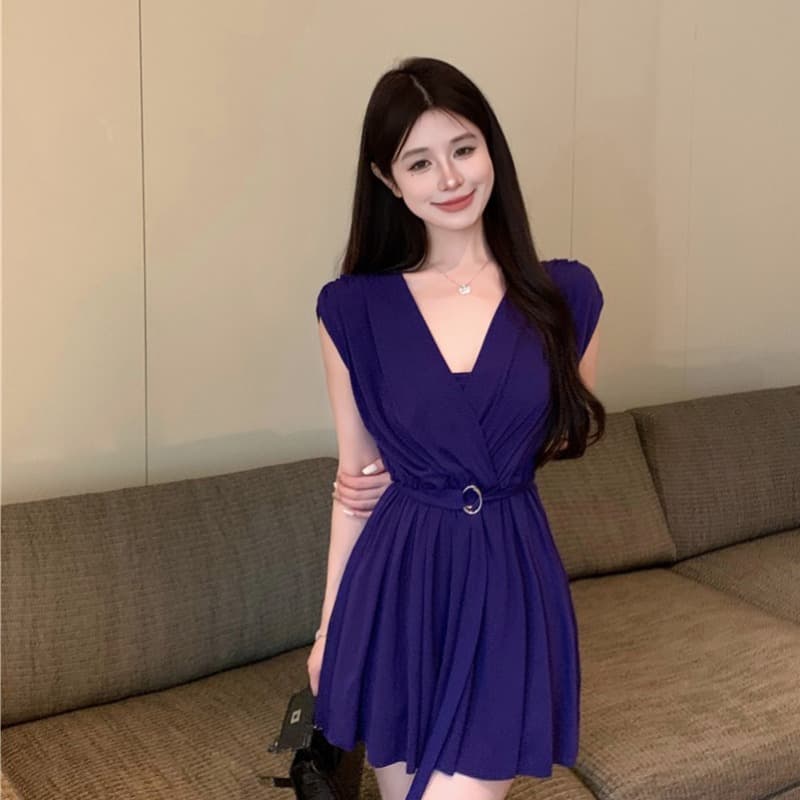 정가 실사 매우 부적 ~ 중 하나 치마 V넥 민소매 조끼 원피스 허리 수축 반바지 튜브탑 3종 세트 이미지 5