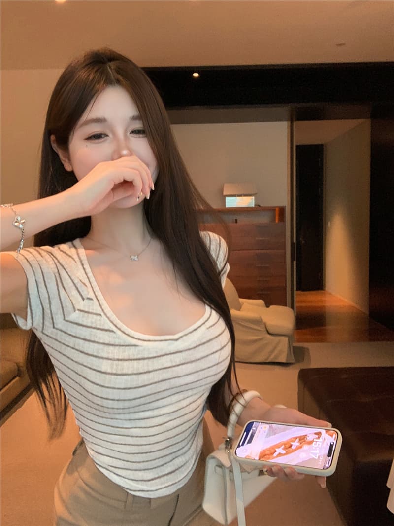 정가 실사 대나무 마디 면 구덩이 기사 곡물 티셔츠 클래식 다용도 반팔 여성 여름 순수한 욕망 섹시함 맨위 이미지 4