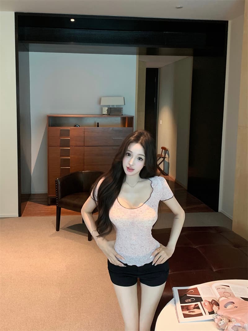 실사 정가 배색 잠금 얇은 스타일 눈꽃 마 긍정적 인 어깨 몸매 가꾸기 반팔 티셔츠 여성 상세 이미지 30