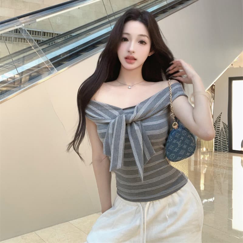 실사 정가 디자인 비틀림 오프숄더 스트라이프 몸매 가꾸기 티셔츠 여성 민소매 조끼 맨위 반팔 이미지 5