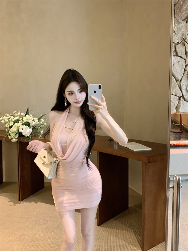 실사 정가 흔들다 칼라 주름 행침 목 슬립 여성 드레스 여름 몸매 가꾸기 타이트 스커트 짧은 치마 이미지 4