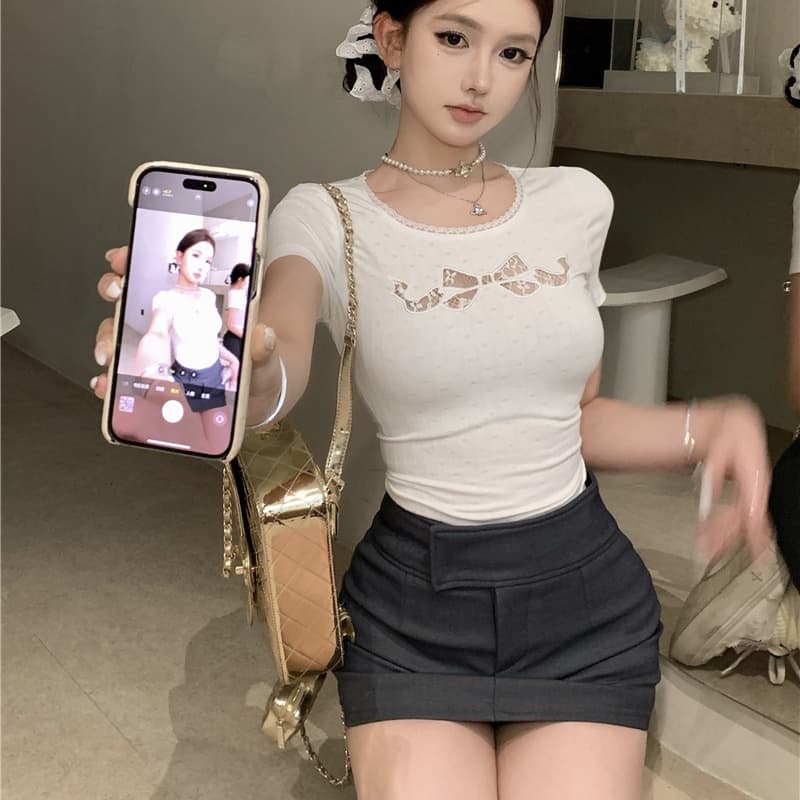 정가 실사 차 부서 연인 몸매 가꾸기 나비 매듭 홀로우 아웃 레이스 자수 긍정적 인 어깨 티셔츠 여성 허리 수축 반팔 맨위 이미지 5