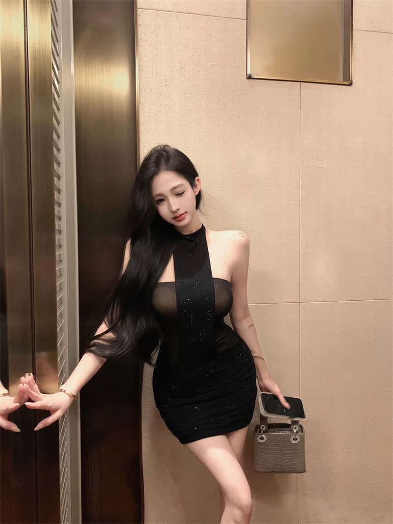 실사 정가 망사 핫픽스 행침 목 타이트 스커트 치마 가슴 패드 가슴 대 허리 좋은 이미지 2