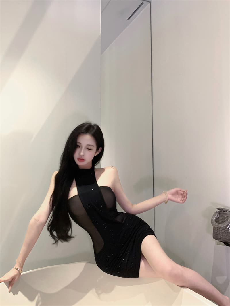 실사 정가 망사 핫픽스 행침 목 타이트 스커트 치마 가슴 패드 가슴 대 허리 좋은 상세 이미지 13