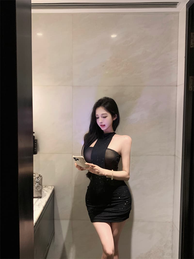 실사 정가 망사 핫픽스 행침 목 타이트 스커트 치마 가슴 패드 가슴 대 허리 좋은 상세 이미지 14